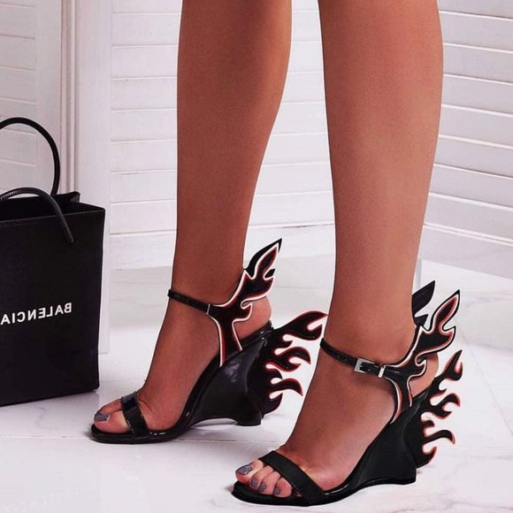 Cape Robbin Shoes - NEW🔥 Flame Accent Ankle Strap High Wedge Heel Sandals Open Toe Mary-Jane